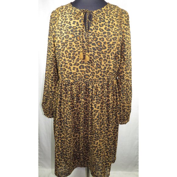 Time & Tru Leopard Print Long Sleeve Chiffon Tie Neck Peasant Dress Size XL - Picture 1 of 8